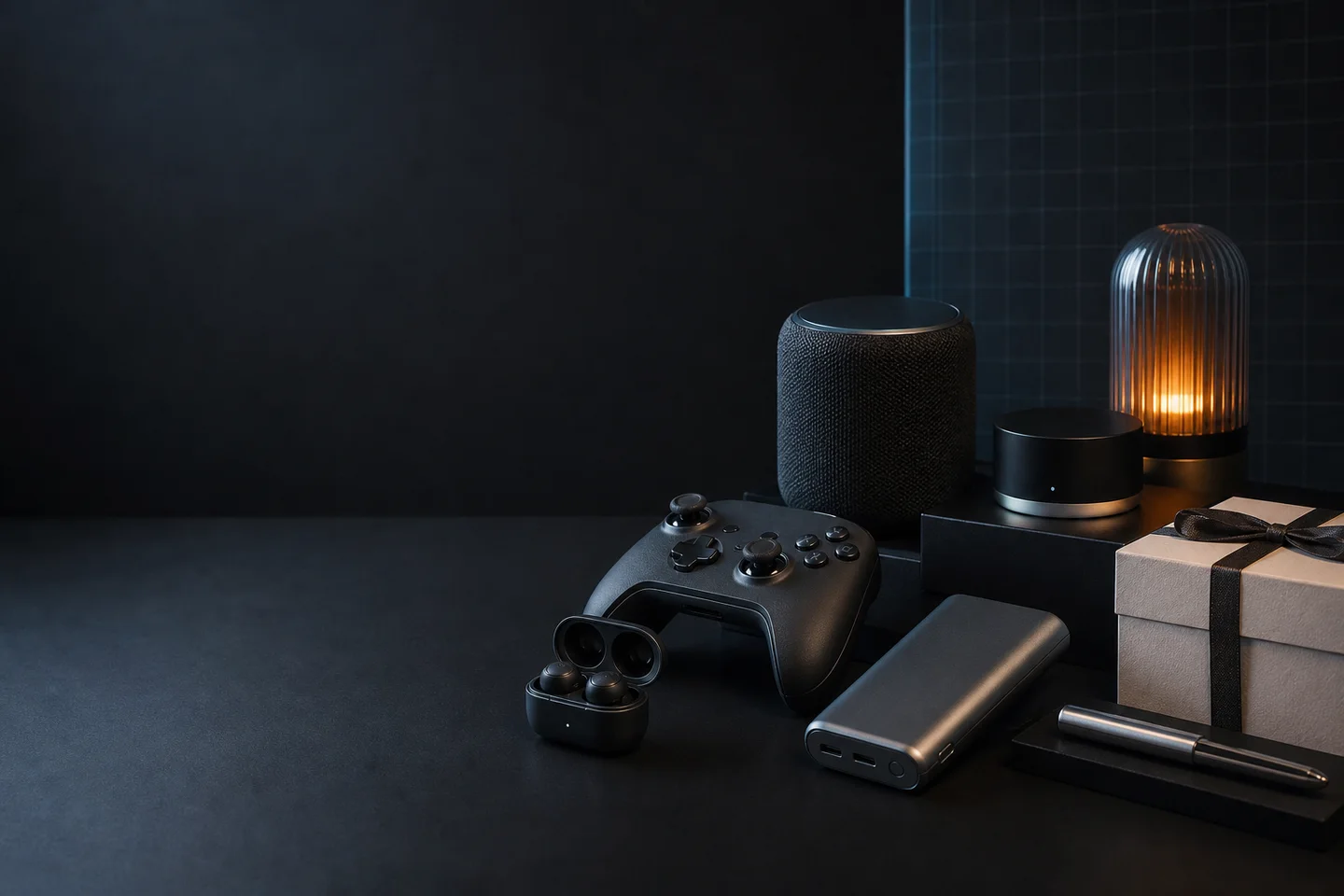A considered collection of premium technology and consumer gifts arranged on a dark editorial desk.